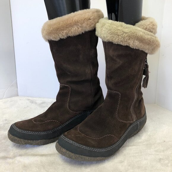 Clarks Brown Suede Side Zip Fur Lined Winter Boots Size 7.5 - Picture 1 of 16